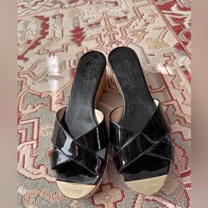 Jimmy Choo Prima Black Patent Leather Wedge Sandals